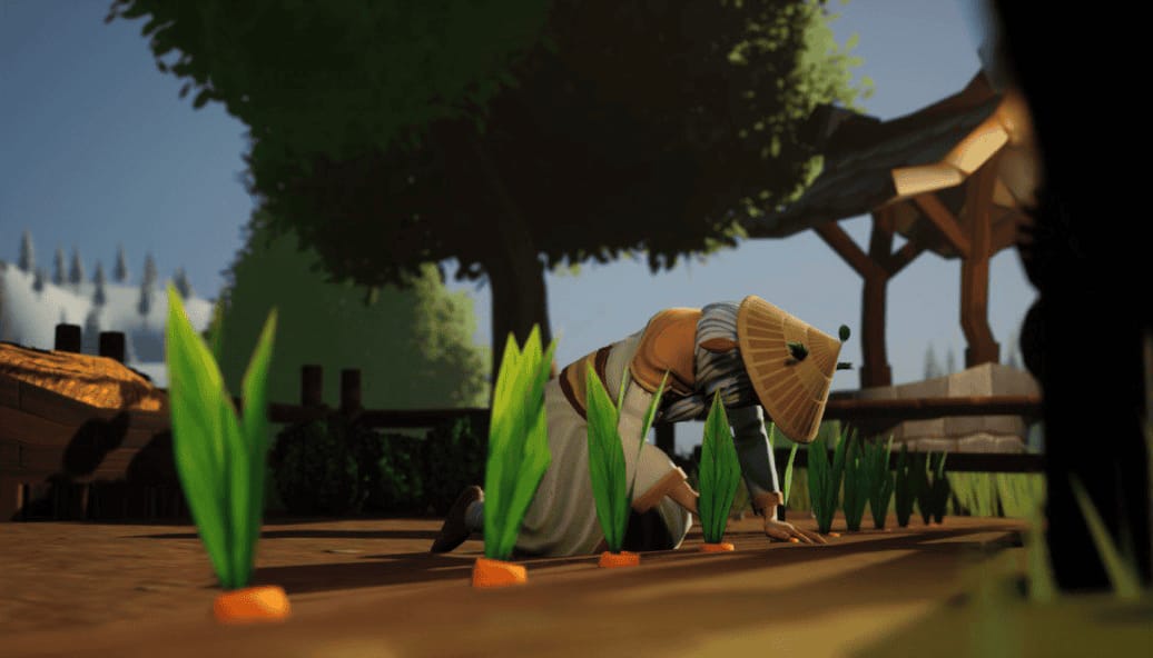 A wizard harvesting crops in a field